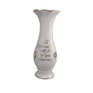 Vintage 1985 Mother & Dad Anniversary Vase Floral White Gold Scalloped Enesco